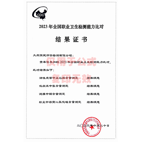 2023年全國職業(yè)衛(wèi)生檢測能力比對結(jié)果證書